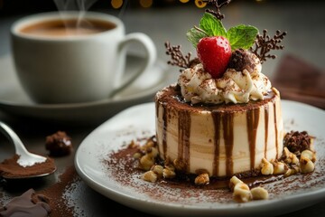 A small tiramisu dessert, garnished with whipped cream, a strawberry, chocolate, and cocoa powder, sits on a white plate next to a cup of coffee