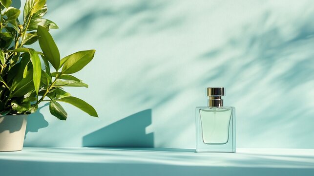 Perfume bottle, plant, shadows on light blue background. Simple, elegant setup