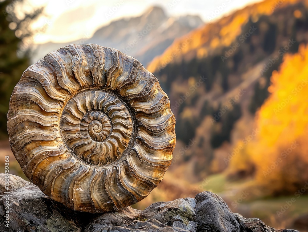 Poster a fossilized ammonite shell on rocks, showcasing spiral patterns, against a blurred mountain and aut