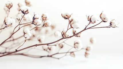 The natural essence and clean look of white cotton flowers are beautifully captured in a minimalist image set against a vibrant background
