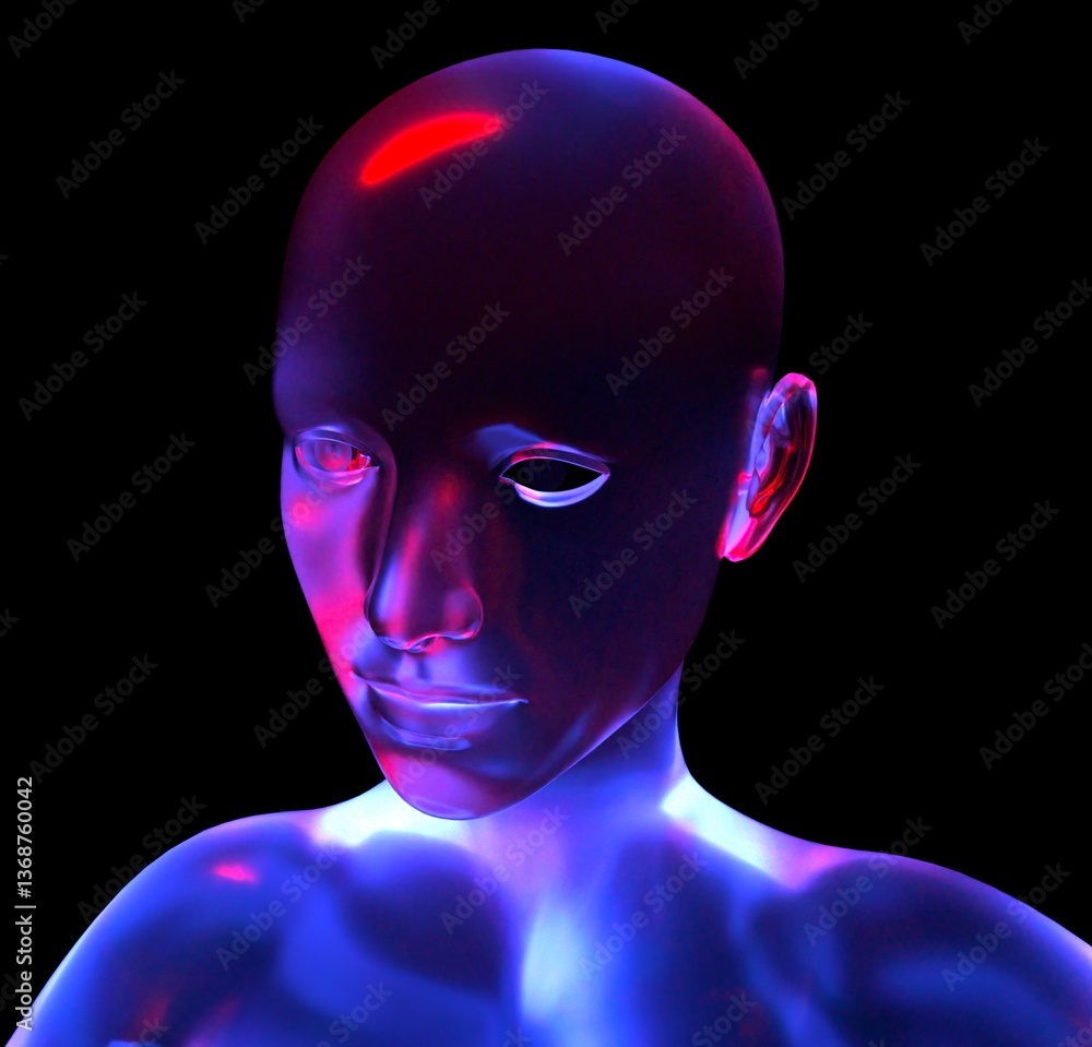 Poster 3d digital human face with a glossy, reflective surface, highlighted by neon blue and red lights aga