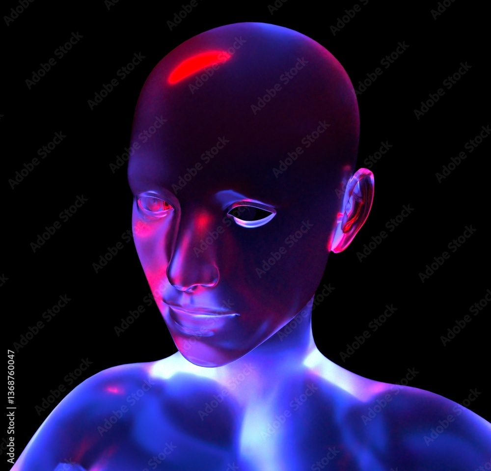 Poster 3d digital human face with a glossy, reflective surface, highlighted by neon blue and red lights aga