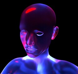 3D digital human face with a glossy, reflective surface, highlighted by neon blue and red lights against a dark background, creating a futuristic and mysterious atmosphere.