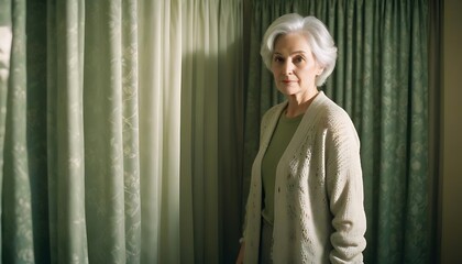 Fototapeta premium Portrait of an elderly woman standing near a curtained window