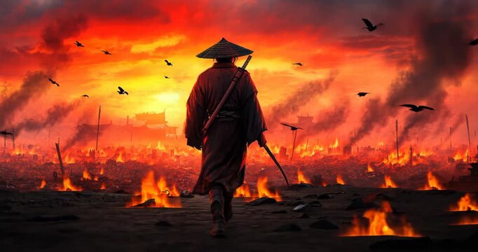 Samurai's Resolve: A lone samurai warrior, silhouetted against an inferno, embodies courage and resilience amidst the chaos of a war-torn landscape. The burning fires paint a dramatic backdrop.