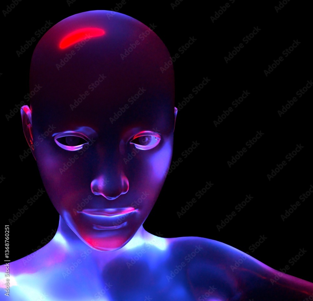 Poster 3d digital human face with a glossy, reflective surface, highlighted by neon blue and red lights aga