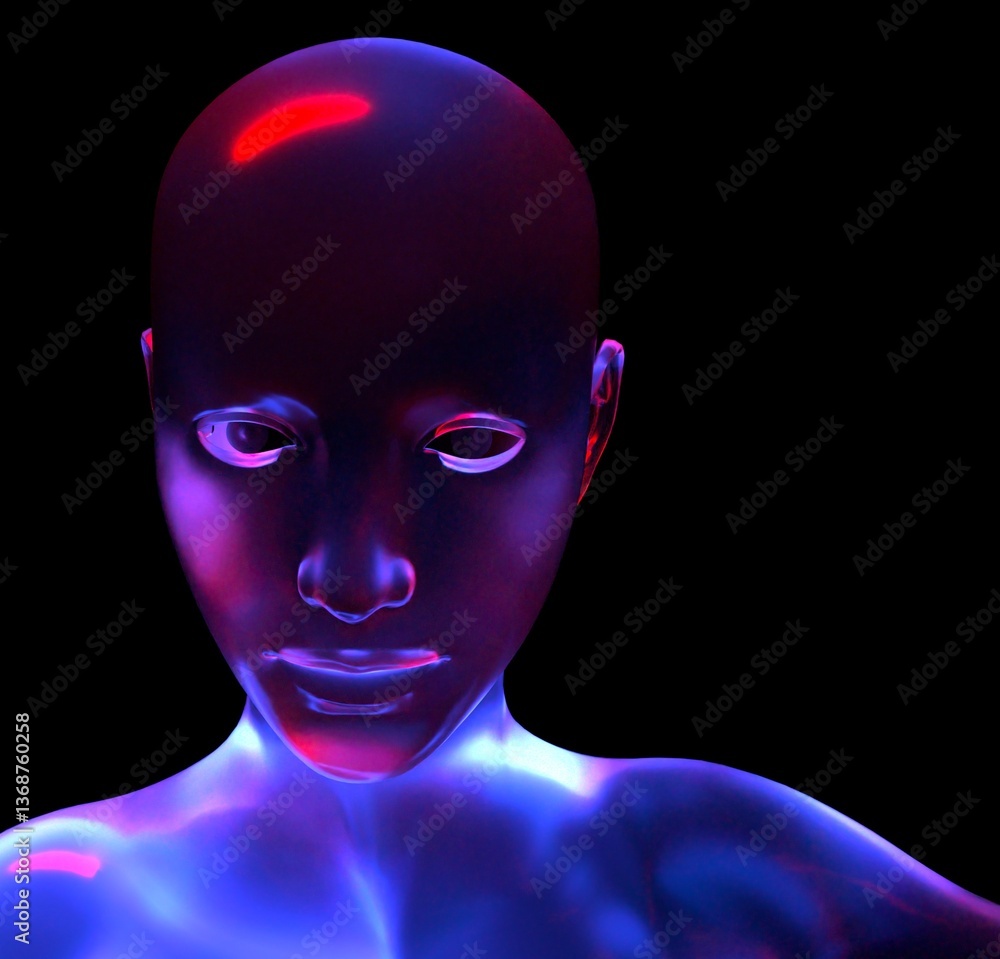 Aufkleber 3D digital human face with a glossy, reflective surface, highlighted by neon blue and red lights against a dark background, creating a futuristic and mysterious atmosphere.