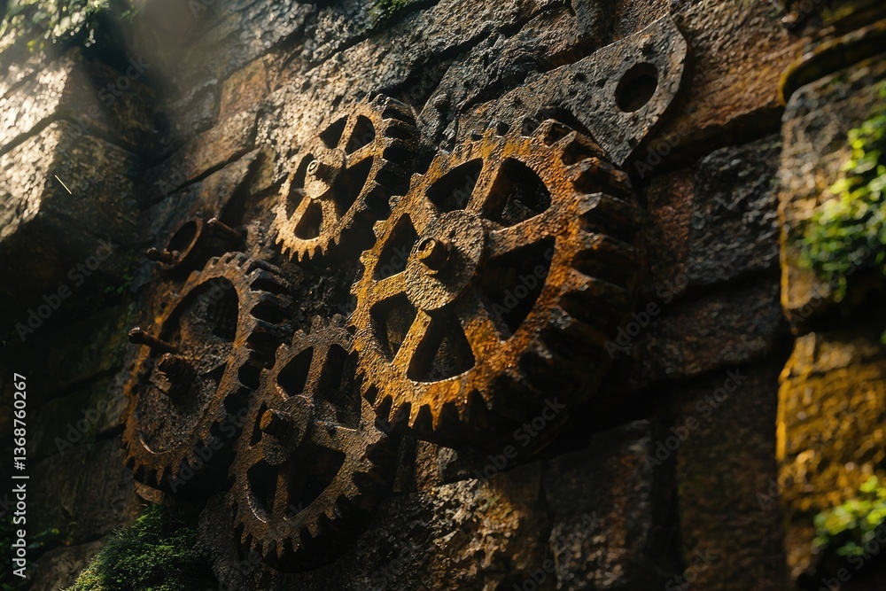 Poster a close-up of weathered, rusty gears embedded in an old stone wall overgrown with moss, illuminated 