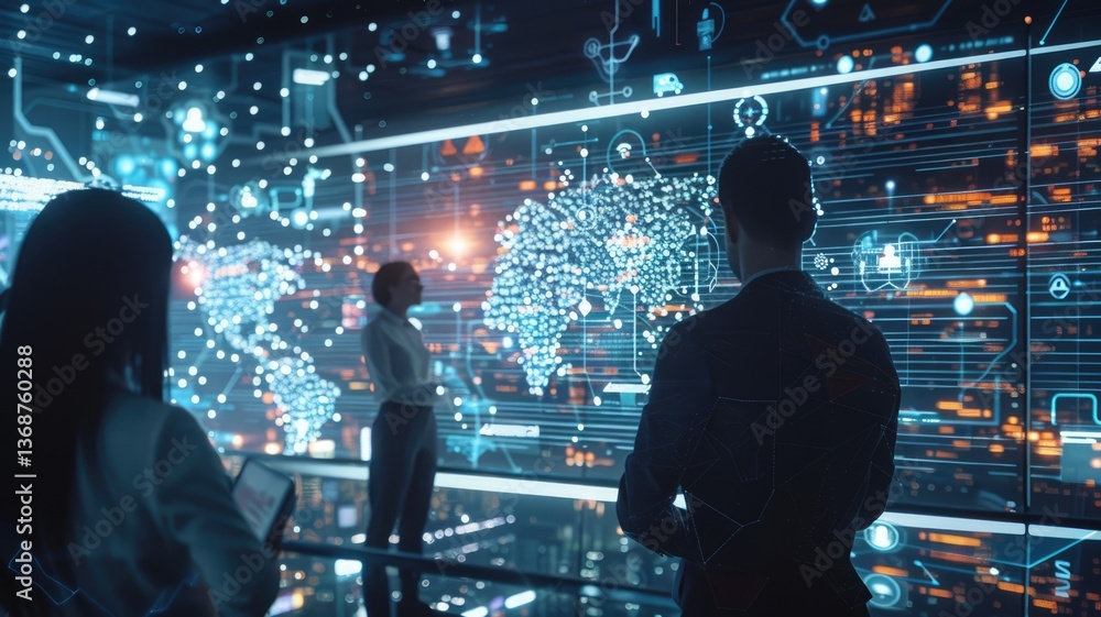 Poster professionals engaged in a collaborative workspace utilizing advanced digital interfaces for data an