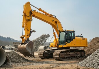 Yellow excavator at construction site with concrete pipes and gravel mound for building supply infrastructure, heavy machinery in land improvement