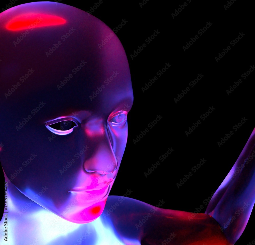 Poster 3D digital human face with a glossy, reflective surface, highlighted by neon blue and red lights against a dark background, creating a futuristic and mysterious atmosphere.