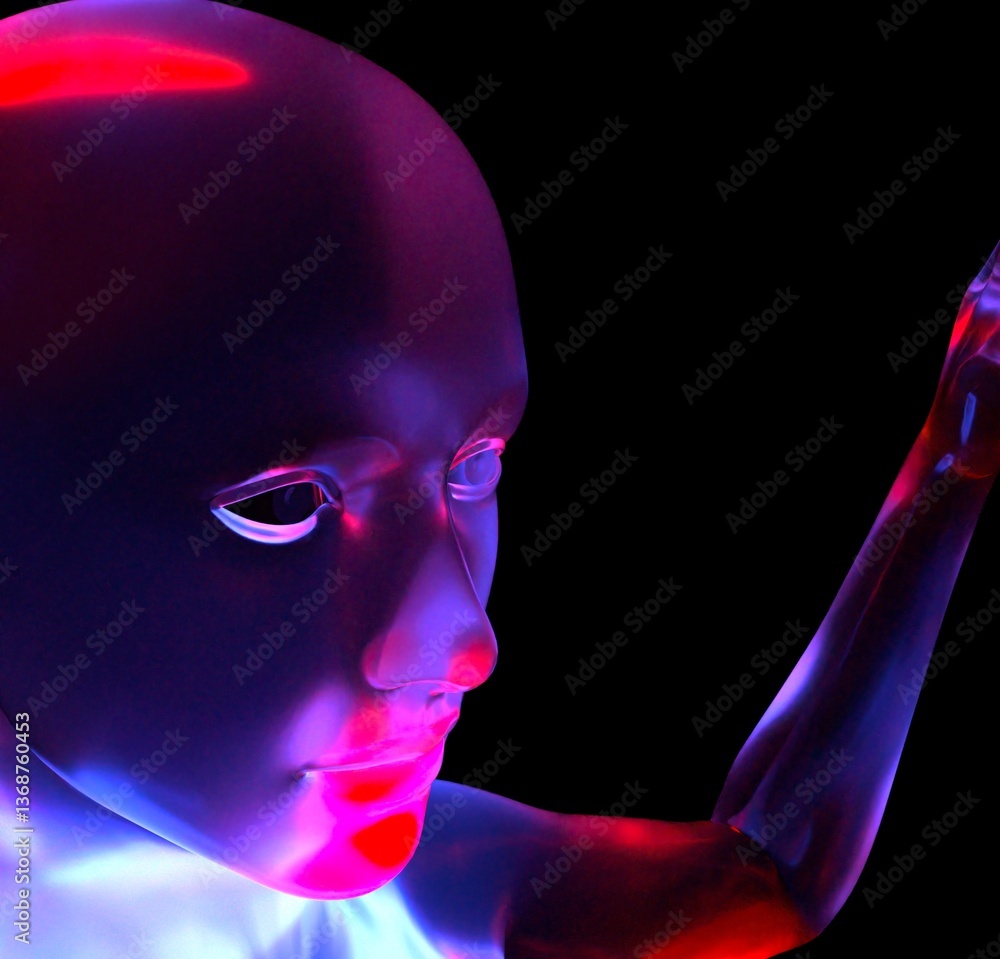 Poster 3D digital human face with a glossy, reflective surface, highlighted by neon blue and red lights against a dark background, creating a futuristic and mysterious atmosphere.