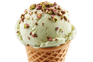 A delectable scoop of pistachio ice cream, delicately sprinkled with crunchy pistachio pieces, sits in a perfectly formed waffle cone against a bright white background.