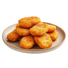 crispy chicken nuggets, on a designer plate, isolated on a white background