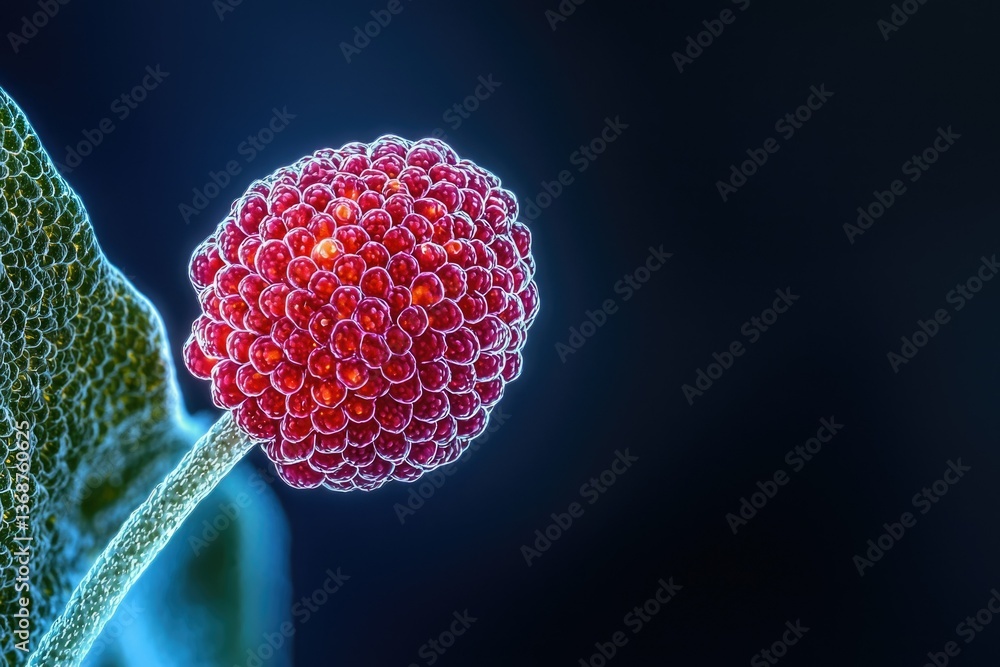 Poster close-up of red algae cells forming a spherical shape on a stem against a dark background.