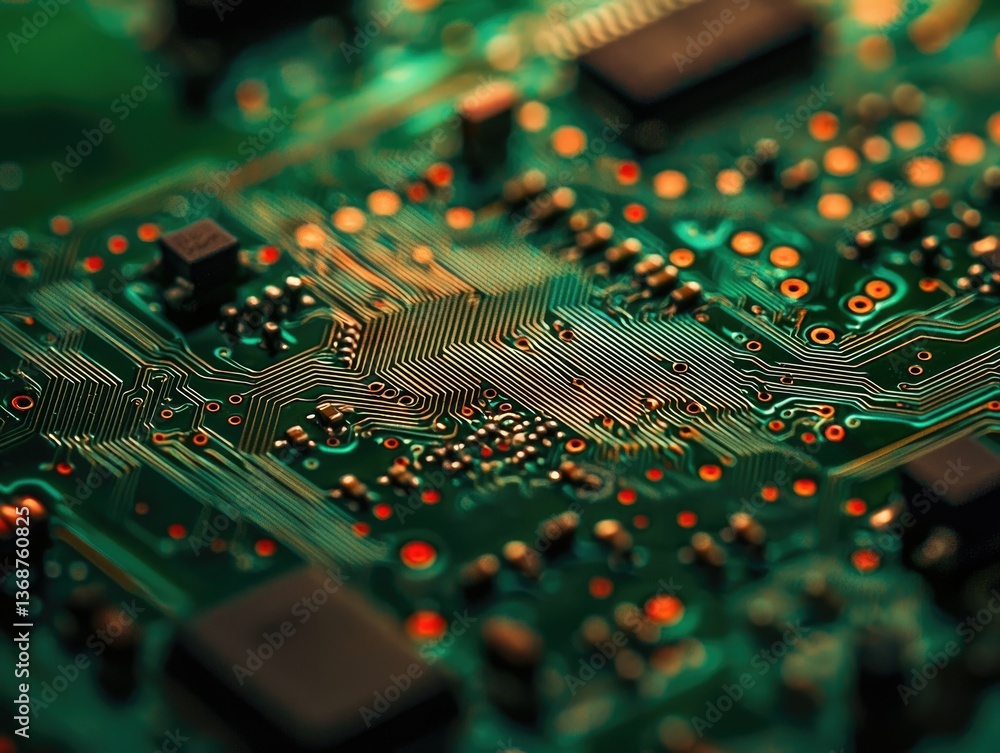 Poster a detailed close-up of a vibrant green and orange computer circuit board highlighting intricate path