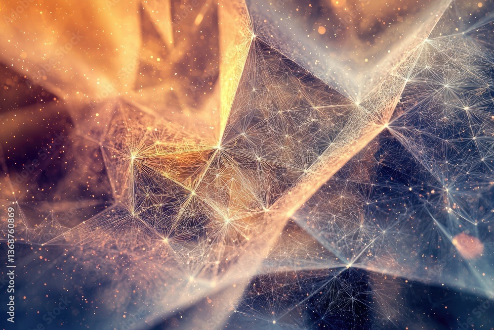 Aufkleber abstract geometric artwork featuring interconnected nodes, lines, and sparkling particles, evoking a