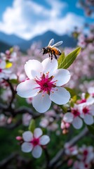 Bee on Almond Blossom; Springtime