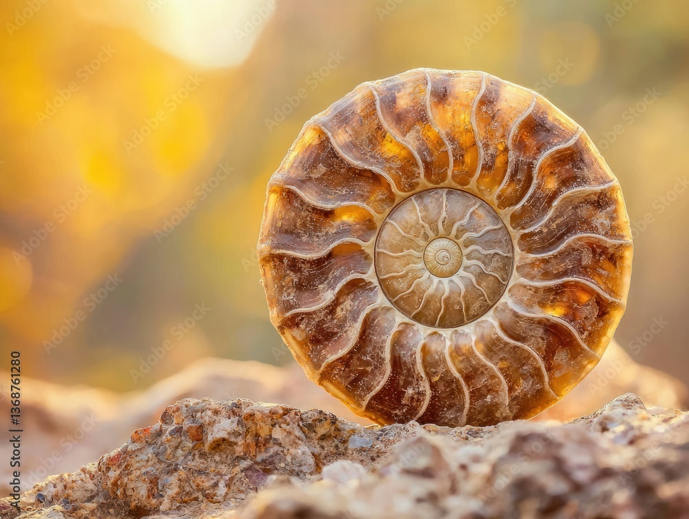 Poster fossilized ammonite shell with golden tones, resting on a rocky surface, showcasing its intricate sp
