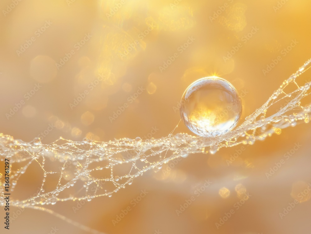 Poster dew drop on spiderweb, bathed in golden light. a fragile, ethereal scene capturing nature's delicate