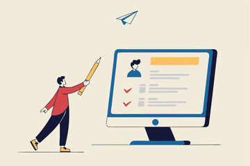 Online questionnaire survey, customer feedback choice or checklist, internet exam, opinion or comment, answer question, surveyor poll concept, man with pencil finish online questionnaire on computer.