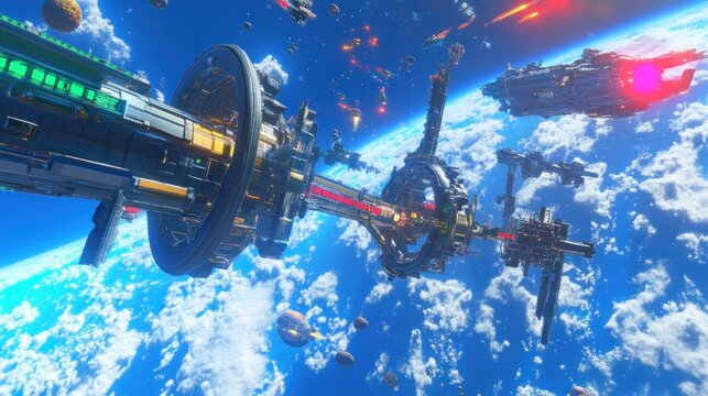 Orbital hub in geosynchronous orbit, among spacecraft and celestial objects