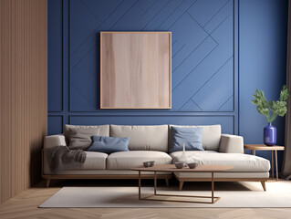 Modern minimalist living room with wall panelling in navy color and navy color accents in interior. Living room with wall panels, couch and simple minimalist decor