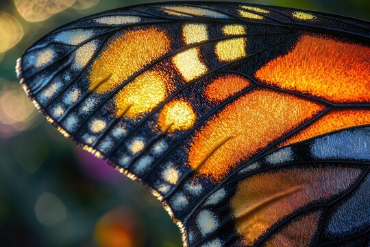Macro shot showcasing intricate details of a butterfly wing, with vibrant orange and yellow hues under light. - Powered by Adobe