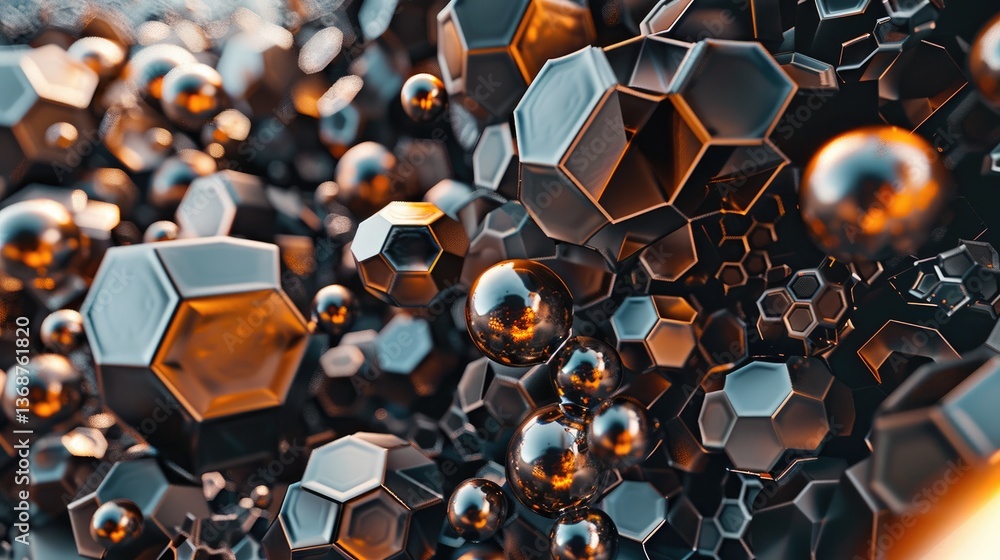Poster this image showcases vibrant 3d metallic elements in a dynamic composition. the interplay of shapes 