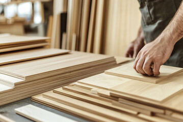furniture worker laying out pre-cut pieces for a wardrobe assembly.