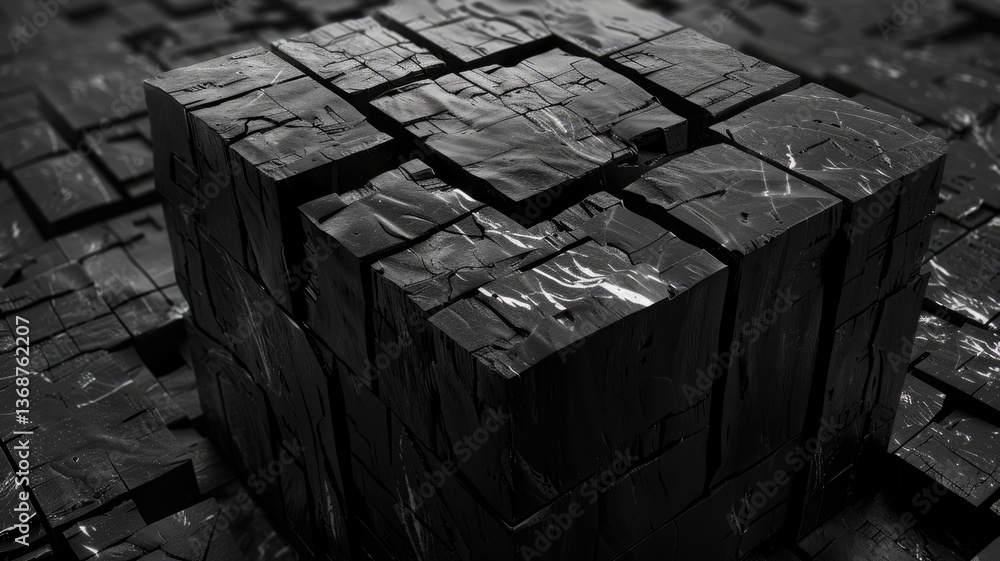Aufkleber Abstract black geometric cube blocks set with contemporary design express scene of modern concept style. Arranging geometry object scenery in symmetry perfect for wallpaper and background. AIG53.