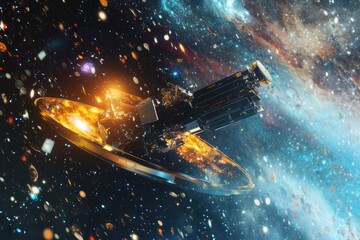 A space telescope capturing detailed images of distant galaxies, with AI software analyzing cosmic data to identify celestial phenomena.