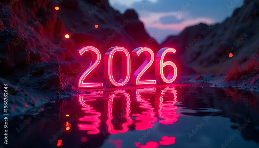 Fototapete happy new year 2026 vector illustration, glowing red digital 2026 on a futuristic abstract backgroun