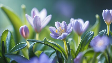 Fototapeta premium Close-up of delicate lavender flowers with yellow centers, lush green foliage