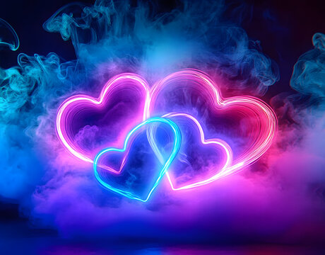 Multiple glowing neon hearts in pink and blue colors are nested within each other, surrounded by vibrant smoke effects in matching colors against a dark background.