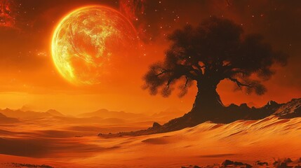 Surreal Desert Landscape with Distant Planet and Solitary Ancient Tree