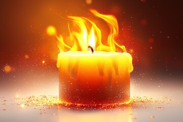 Burning candle with golden sparkles.