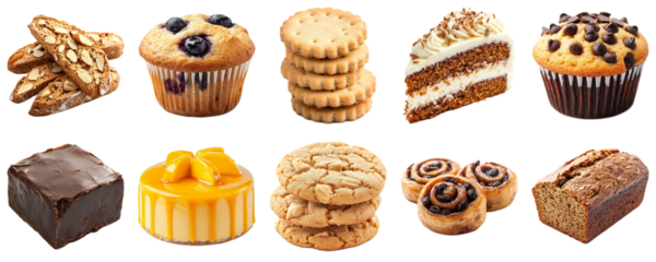 A Colorful Array of Delicious Bakery Treats Displaying Cookies, Muffins, Cakes, and Bread Perfect for Dessert Lovers and Culinary Enthusiasts. Piquant food set.