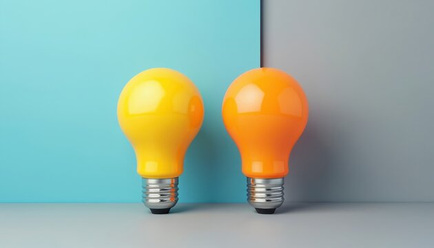 Two light bulbs sit side by side. One is yellow other is orange. Blue, gray background, minimalist tech design, idea concept, innovation. Modern rendering illustration, light.