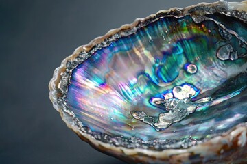 Close-up shot of an abalone shell's interior showcasing vibrant, iridescent colors with a rough, textured edge and a smooth, reflective surface.