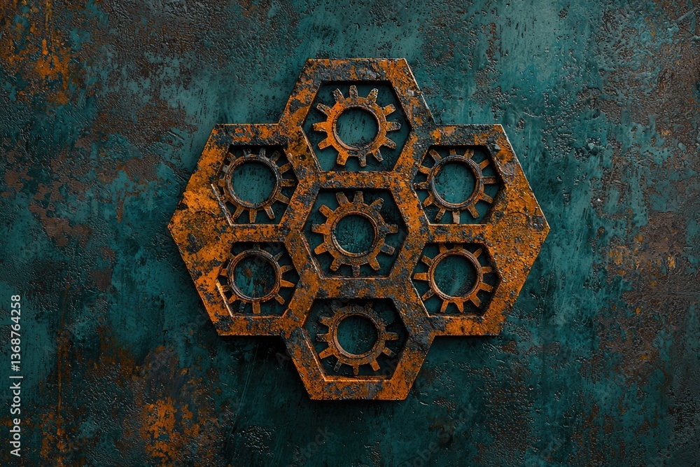 Poster a rusty metallic hexagon grid with cogwheels, against a textured blue-green background, evokes an in