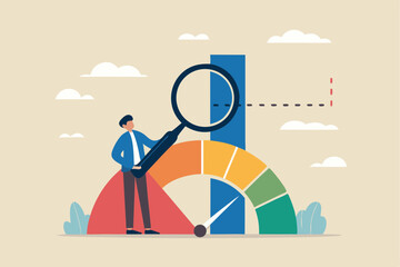 Benchmark performance or KPI key performance indicator, metrics or measurement to measure success, result evaluation, analysis or comparison concept, businessman magnify benchmark metric graph scale.