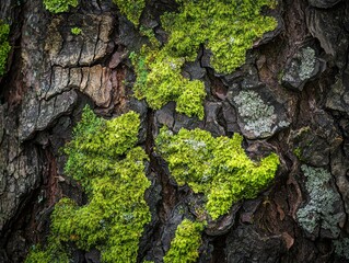 Close-up of tree bark covered in lush green moss and patches of lichen, showcasing texture and nature's artistry.