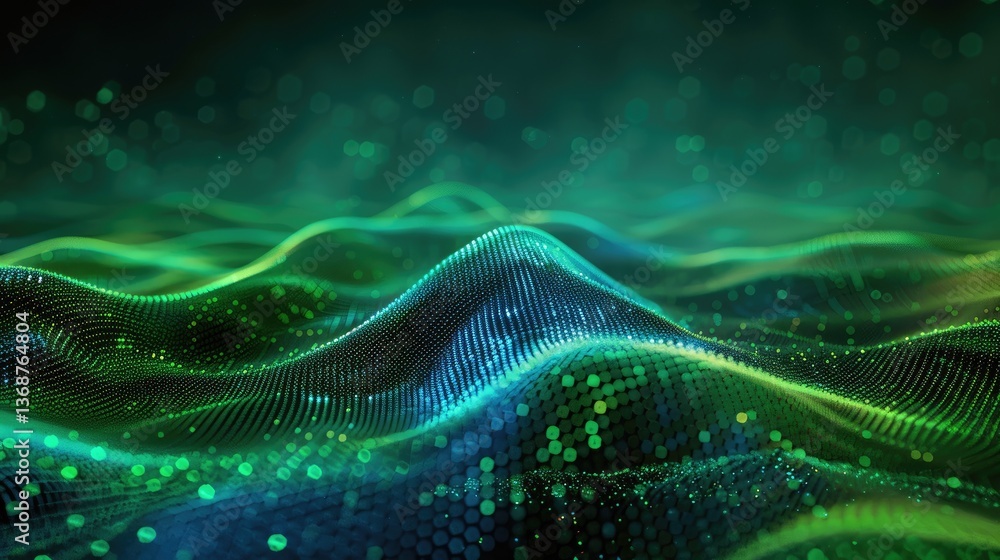 Aufkleber an abstract digital design showcasing green hologram waveforms on a black background, evoking a sens