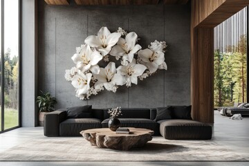 3D render of a beautiful, luxurious, modern interior design with white Lily flowers on the wall and a black sofa in front of it.
