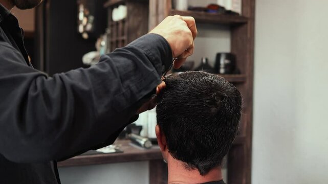 In a vibrant barbershop setting, a skilled hairdresser demonstrates advanced haircutting techniques on a customer. Focus on precision and style reflects dedication to craft