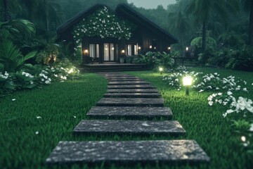 Fototapeta premium Tranquil tropical home nestled in lush greenery. A pathway leads to a charming, dark-wood cabin