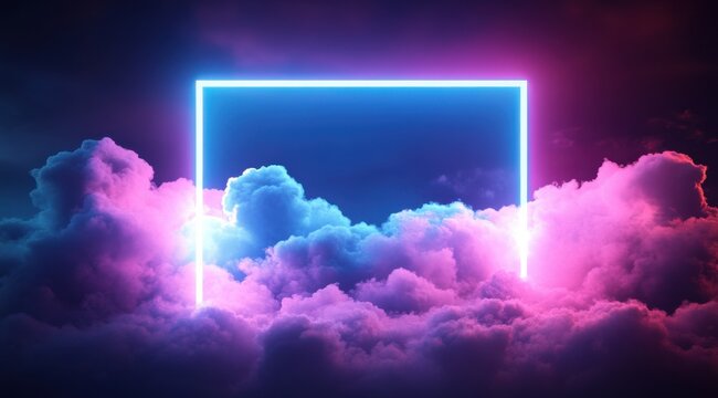 Glowing neon blue square frame surrounded by vibrant pink and purple clouds - Powered by Adobe