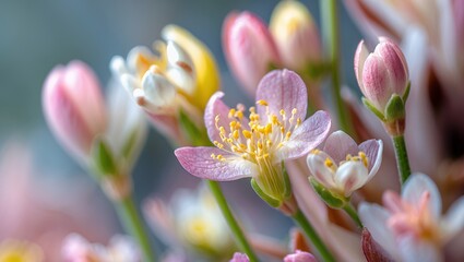 Fototapeta premium Close-up of delicate pink and yellow blossoms, soft focus