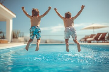 Cute young boys jumping into a swimming pool while on a fun vacation